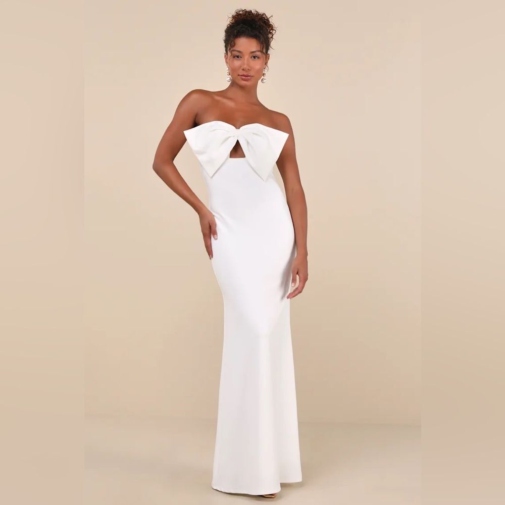 Lulus Coveted Glamour White Strapless Bow Mermaid Maxi Dress